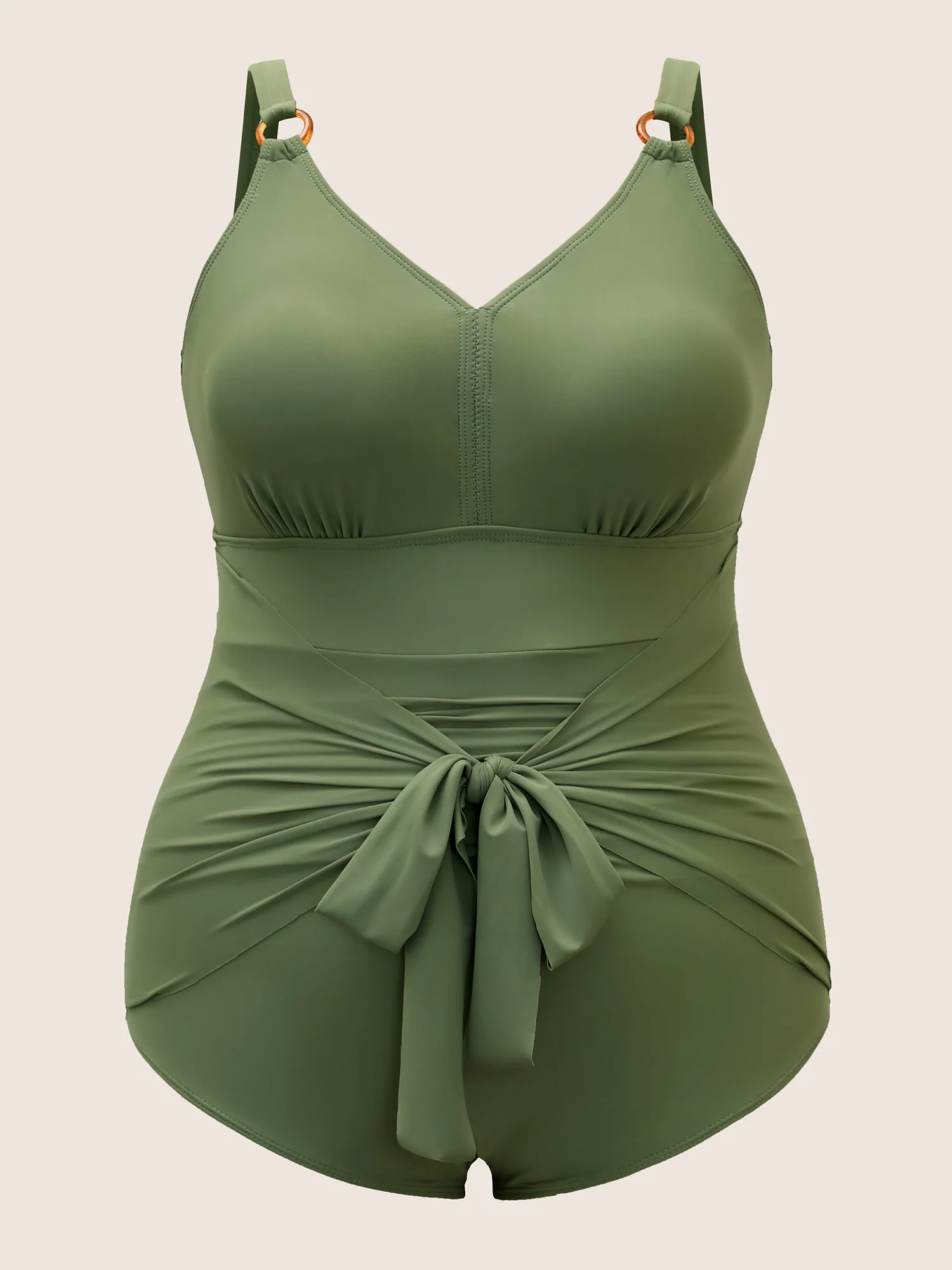Solid Buckle Detail Tie Knot One Piece Swimsuit - Image 7