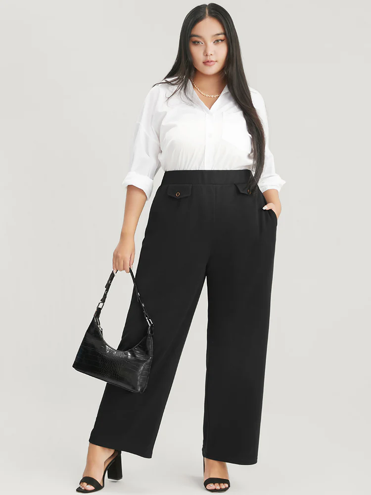 Solid Button Detail Elastic Waist Pocket Pants - Image 2