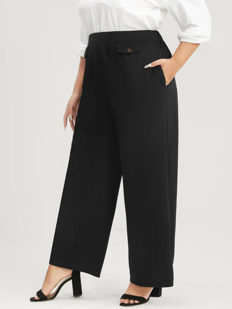 Solid Button Detail Elastic Waist Pocket Pants - Image 3