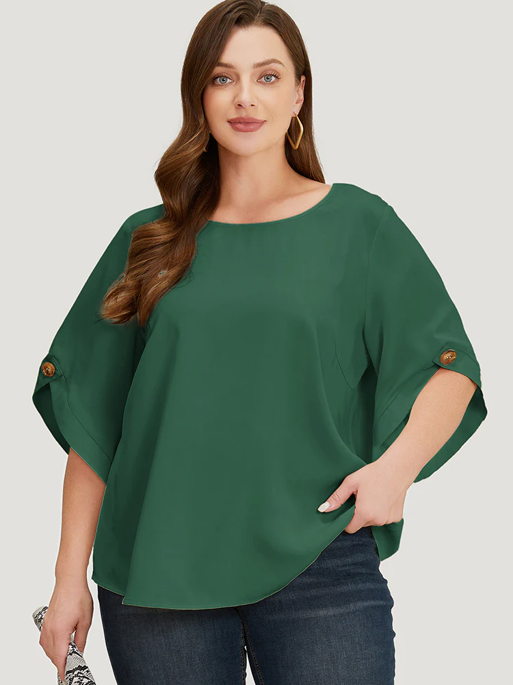 Solid Button Detail Flounce Sleeve Blouse - Image 2
