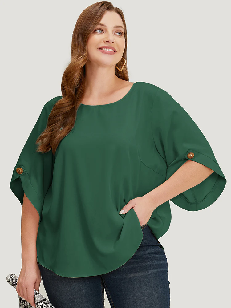 Solid Button Detail Flounce Sleeve Blouse - Image 3