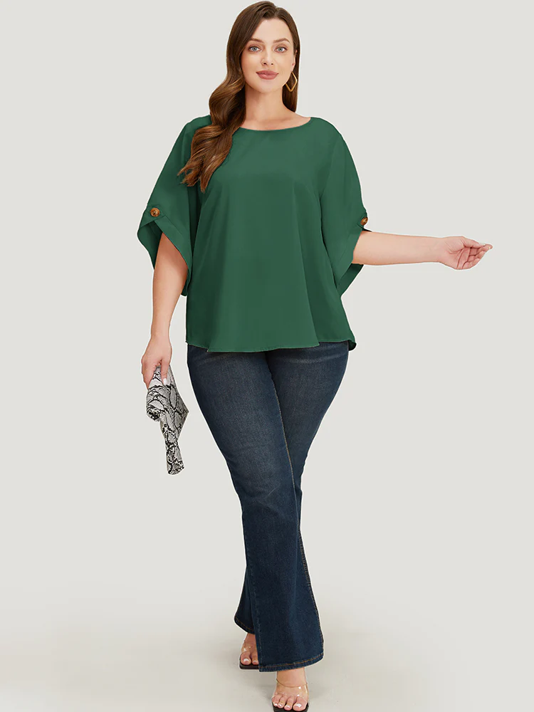 Solid Button Detail Flounce Sleeve Blouse - Image 4