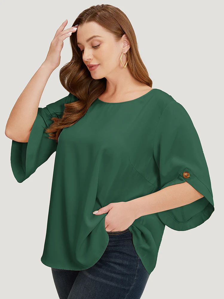 Solid Button Detail Flounce Sleeve Blouse - Image 5