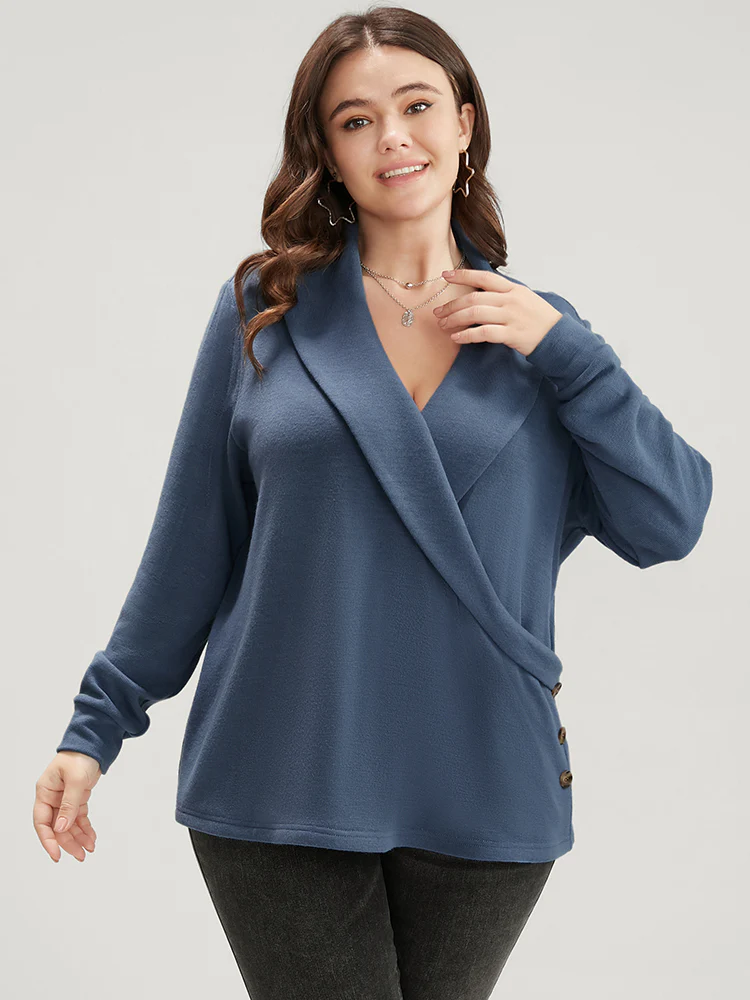 Solid Button Detail Lapel Collar Sweatshirt - Image 2