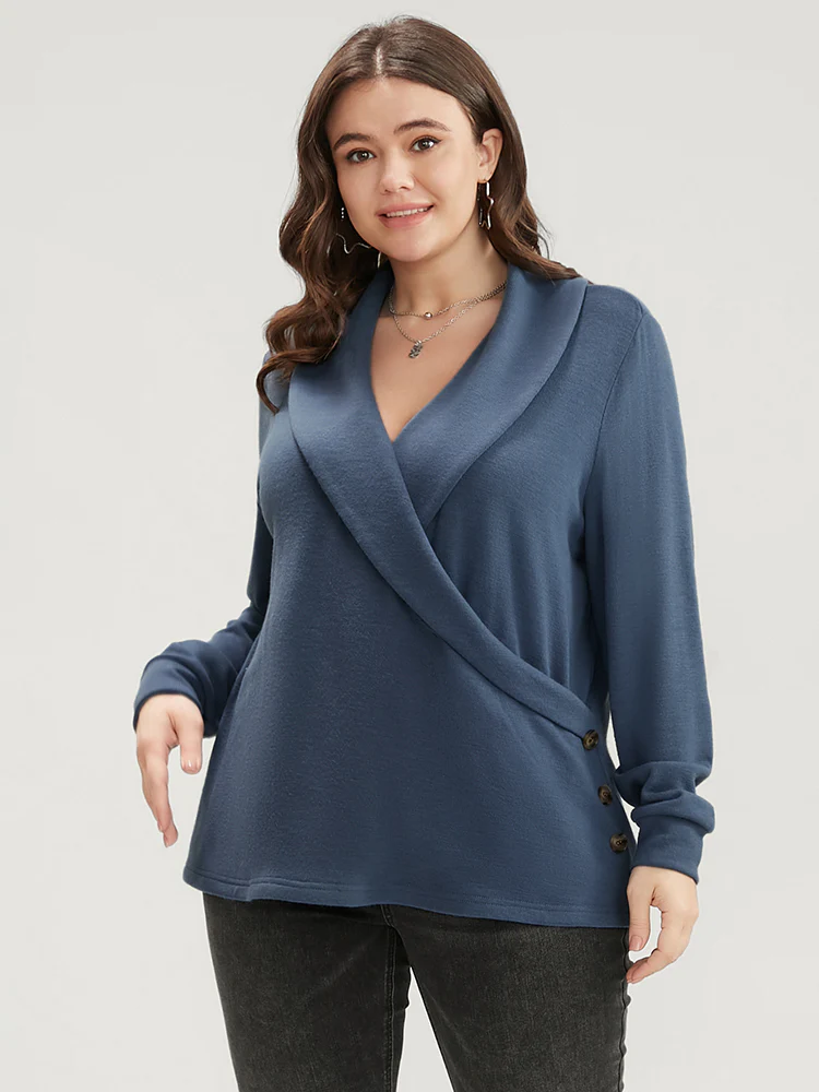 Solid Button Detail Lapel Collar Sweatshirt - Image 3