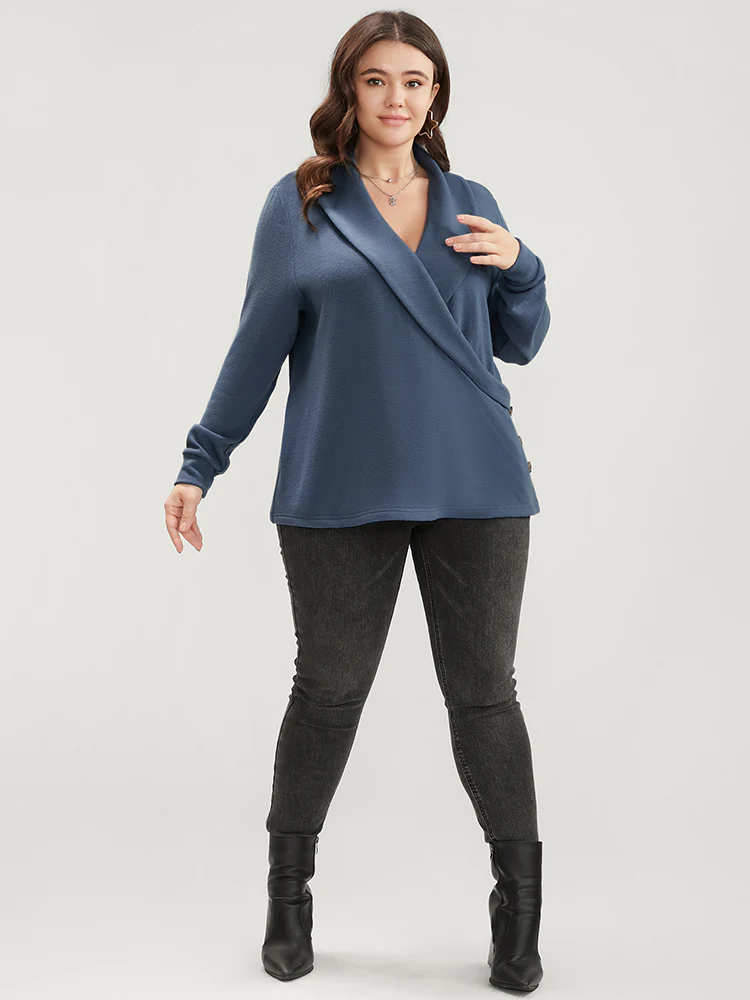 Solid Button Detail Lapel Collar Sweatshirt - Image 4