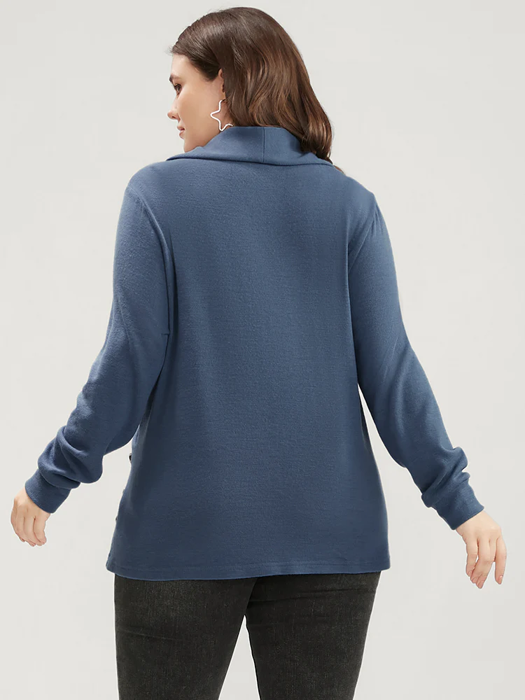 Solid Button Detail Lapel Collar Sweatshirt - Image 5