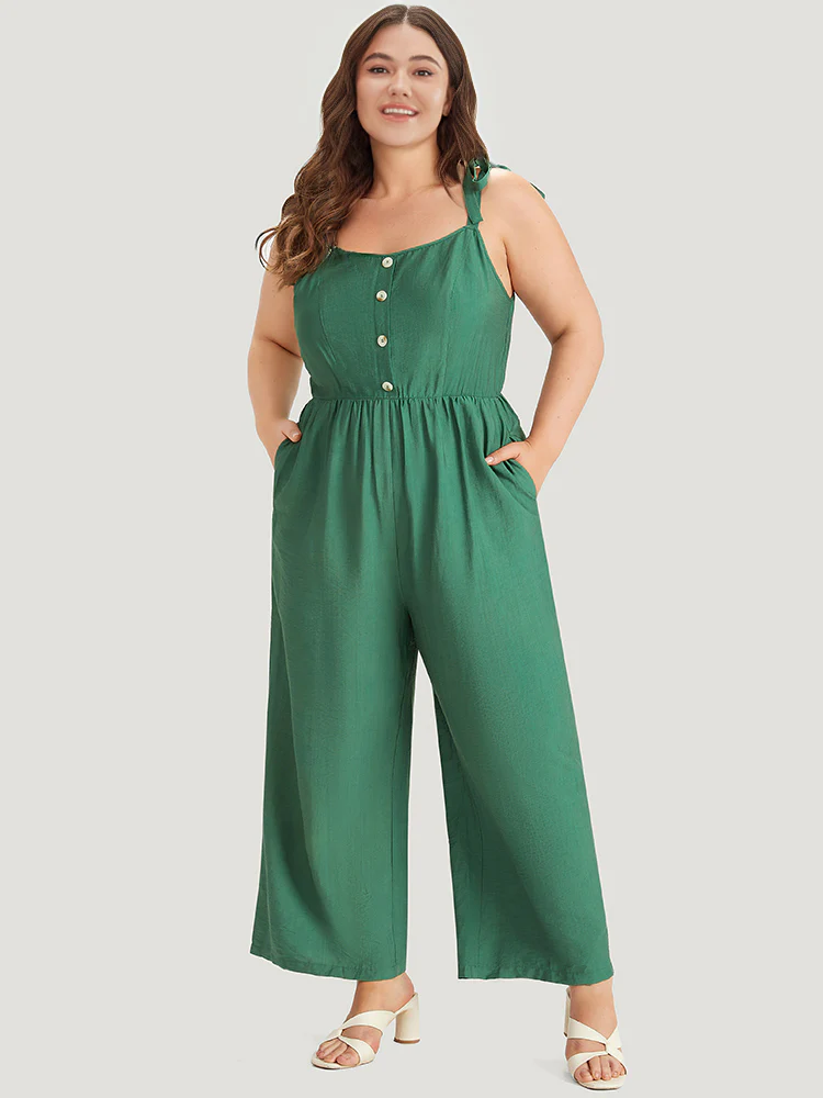 Solid Button Detail Pocket Elastic Waist Knotted Shoulder Jumpsuit - Image 2
