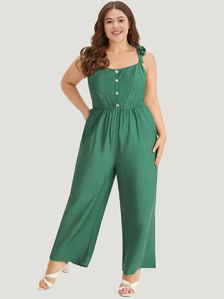 Solid Button Detail Pocket Elastic Waist Knotted Shoulder Jumpsuit - Image 3