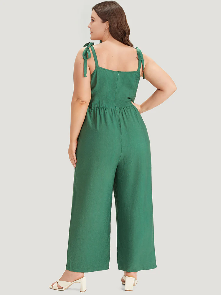 Solid Button Detail Pocket Elastic Waist Knotted Shoulder Jumpsuit - Image 4