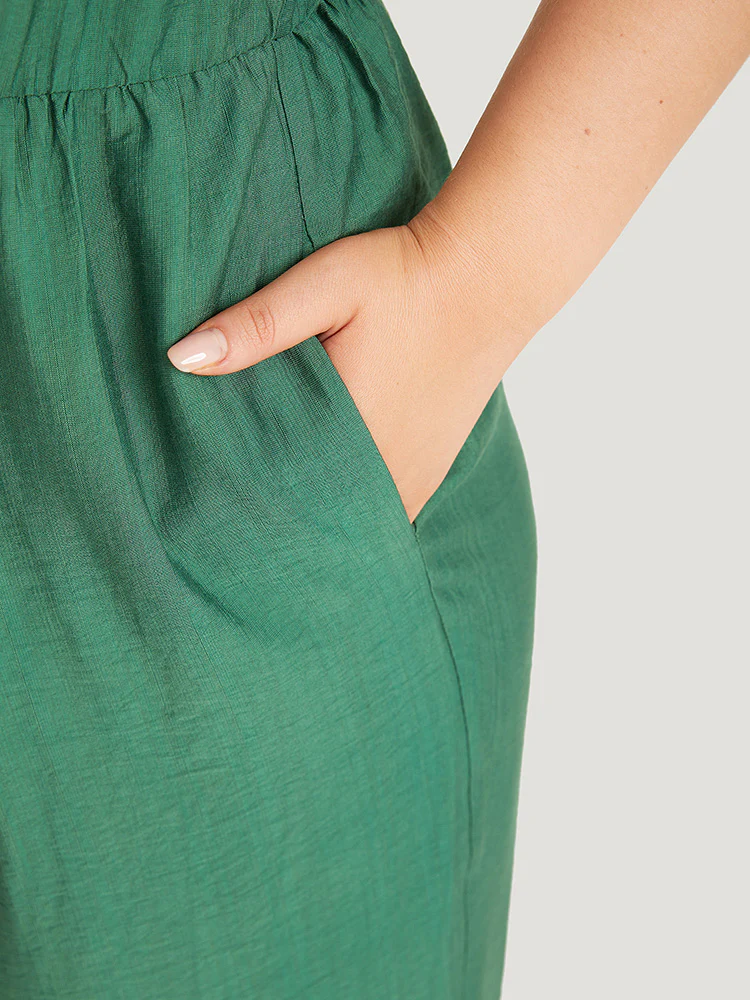 Solid Button Detail Pocket Elastic Waist Knotted Shoulder Jumpsuit - Image 7