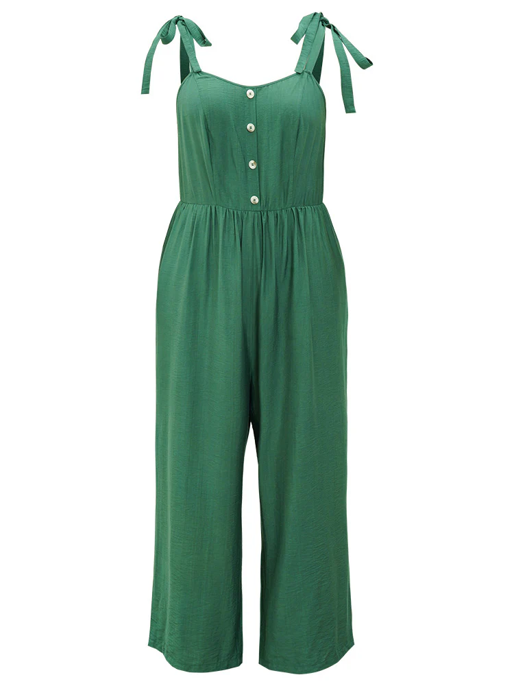 Solid Button Detail Pocket Elastic Waist Knotted Shoulder Jumpsuit - Image 9