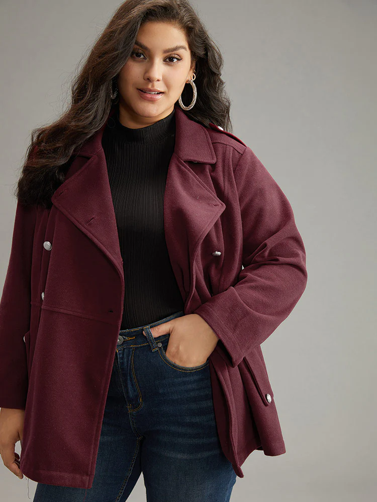 Solid Button Detail Pocket Lapel Collar Coat - Image 3