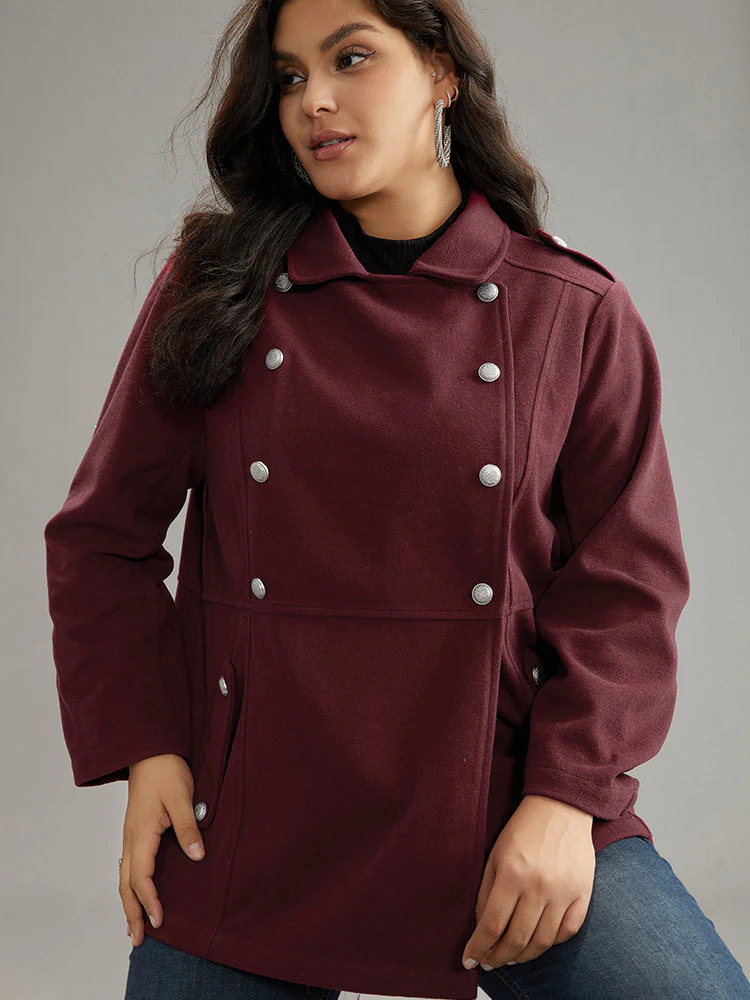Solid Button Detail Pocket Lapel Collar Coat - Image 6
