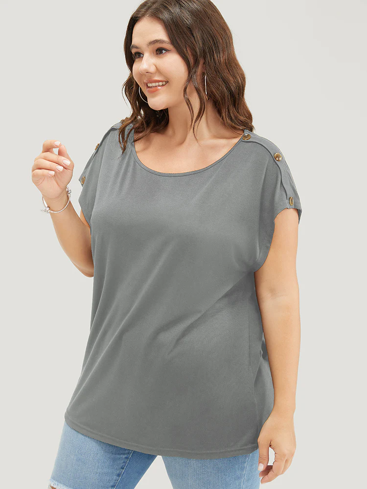 Solid Button Detail Round Neck Batwing Sleeve T-shirt - Image 3