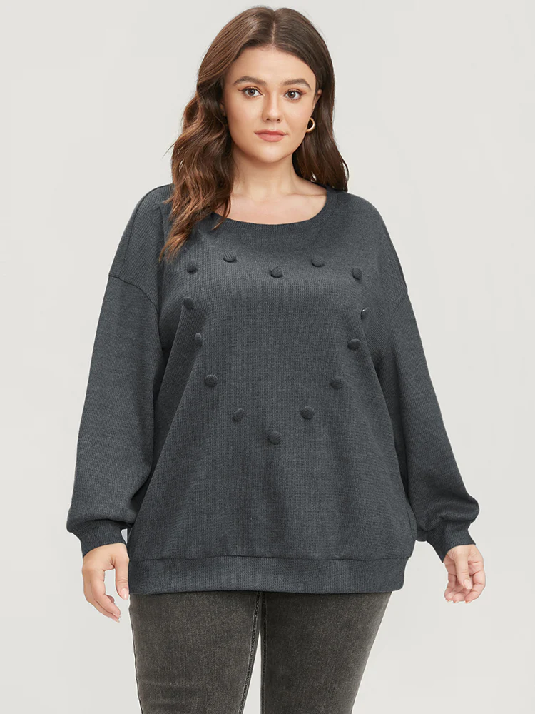 Solid Button Detail Round Neck Waffle Knit Sweatshirt - Image 2