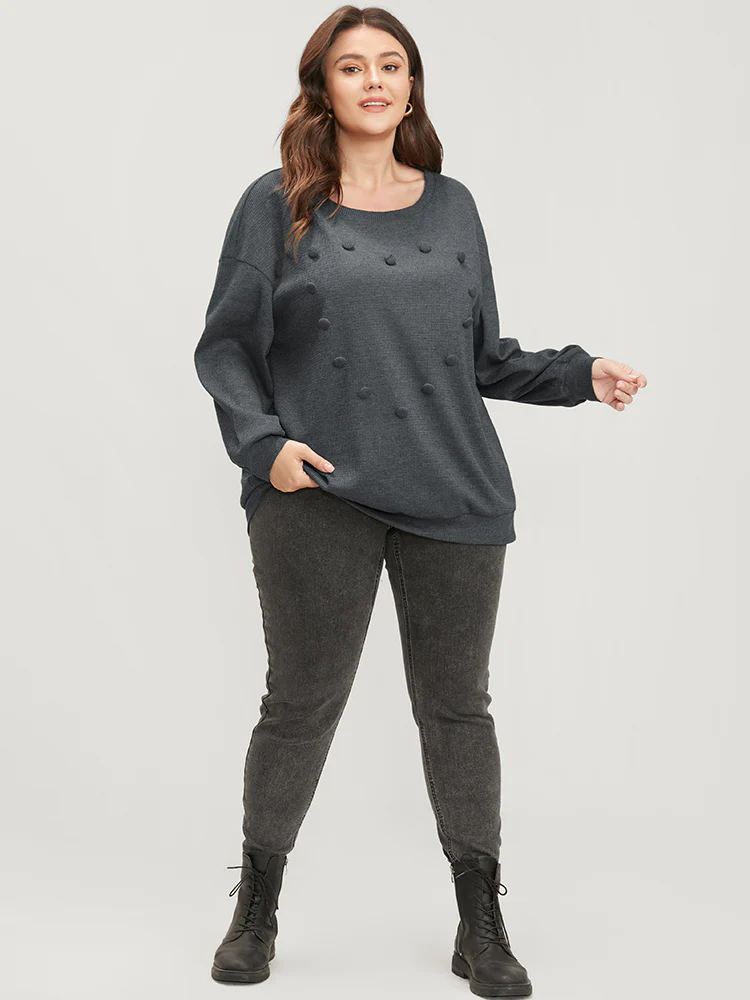 Solid Button Detail Round Neck Waffle Knit Sweatshirt - Image 3