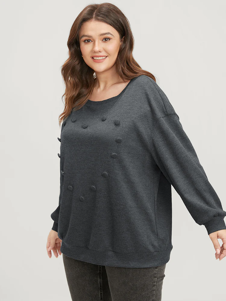 Solid Button Detail Round Neck Waffle Knit Sweatshirt - Image 4
