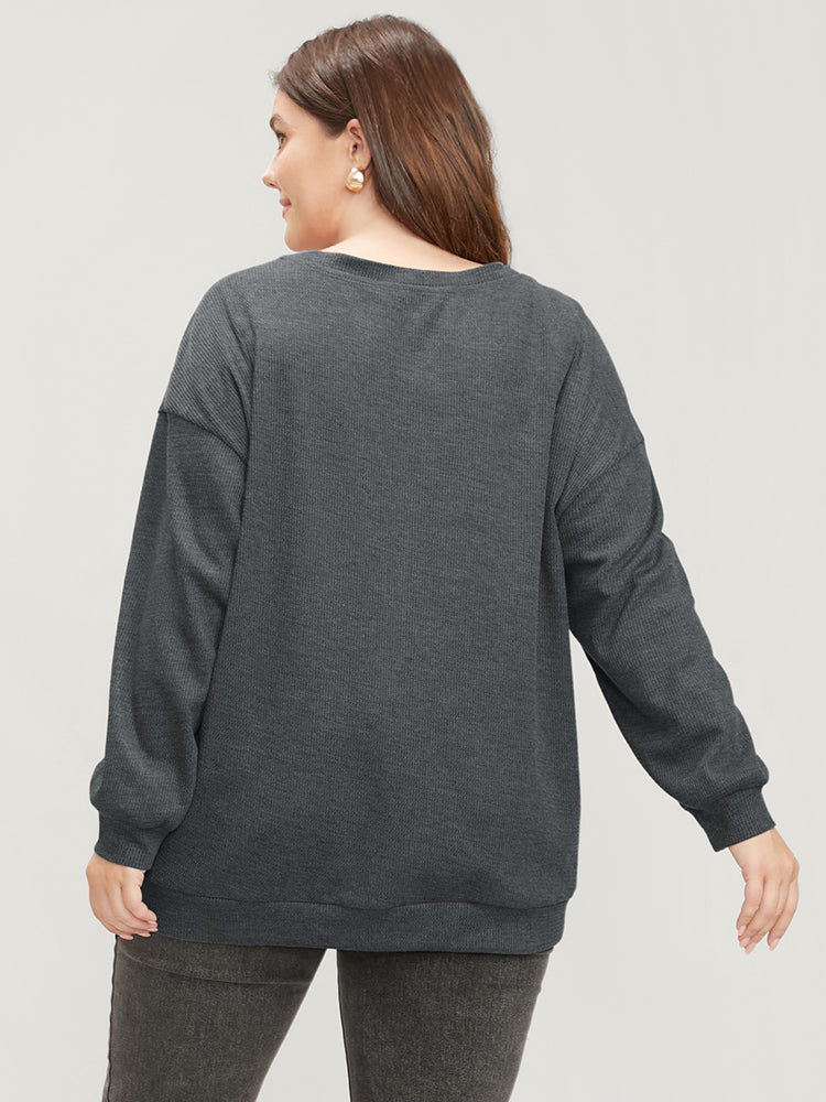 Solid Button Detail Round Neck Waffle Knit Sweatshirt - Image 5