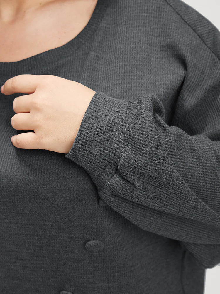 Solid Button Detail Round Neck Waffle Knit Sweatshirt - Image 6