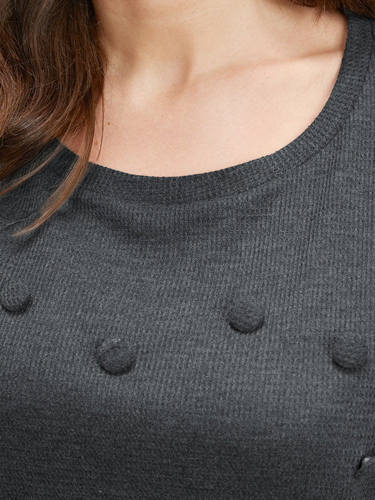 Solid Button Detail Round Neck Waffle Knit Sweatshirt - Image 7
