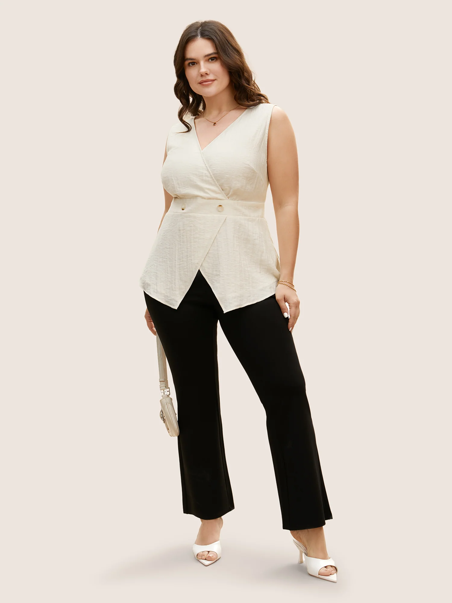 Solid Button Detail Shirred Wrap Tank Top - Image 2