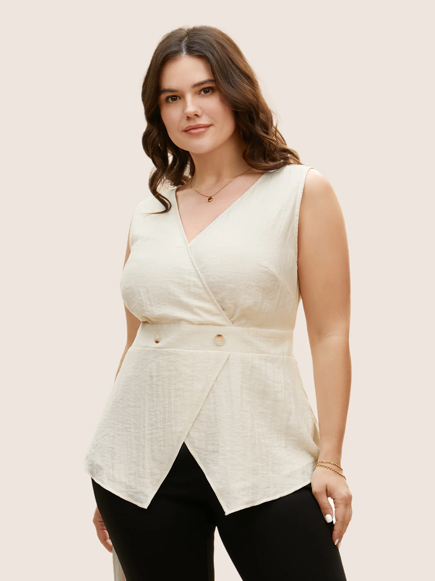 Solid Button Detail Shirred Wrap Tank Top - Image 4