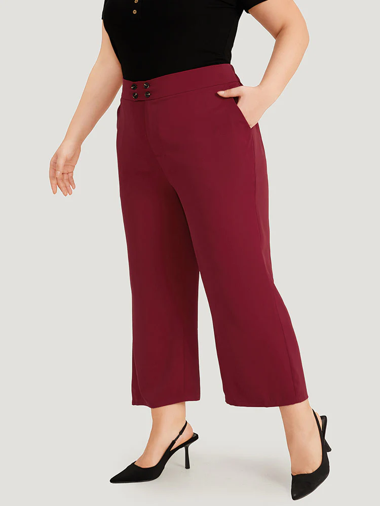 Solid Button Detail Slant Pocket High Rise Pants - Image 2