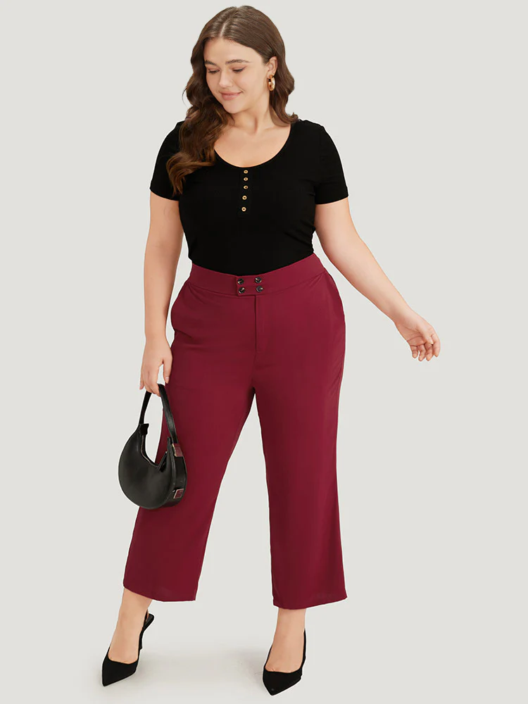 Solid Button Detail Slant Pocket High Rise Pants - Image 3