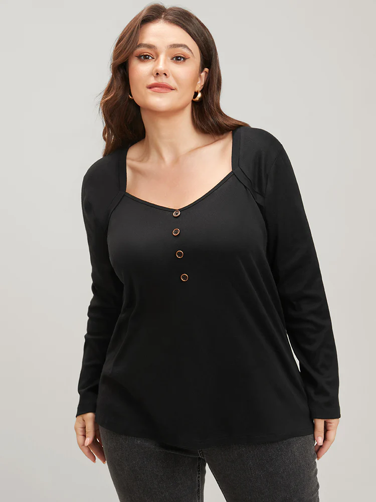Solid Button Detail V Neck Long Tee - Image 2
