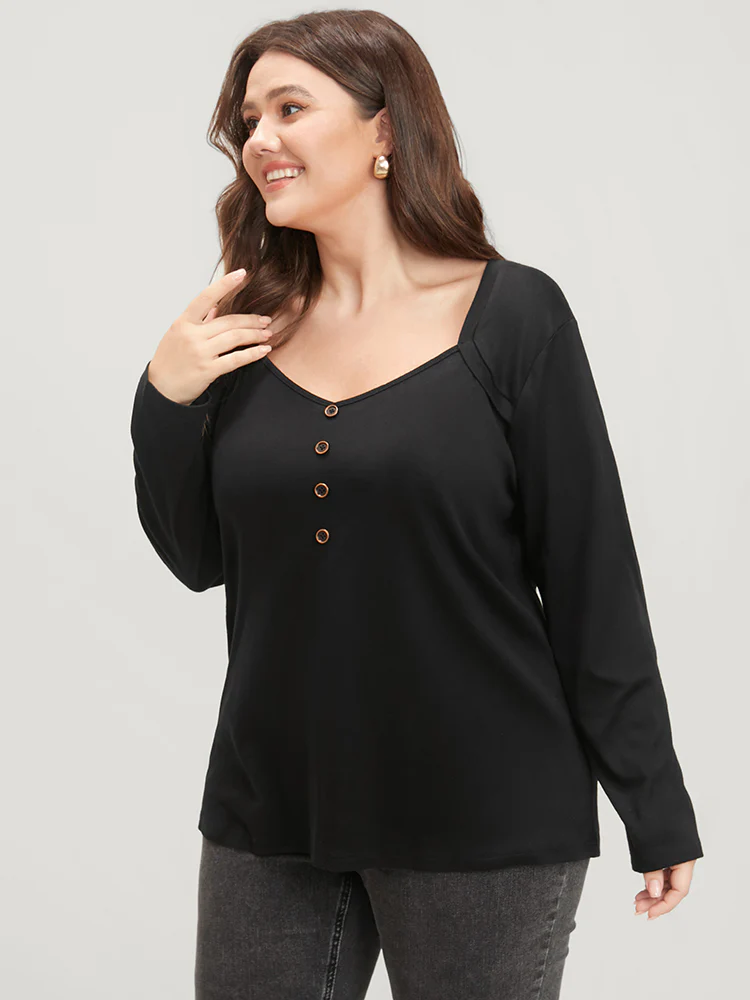 Solid Button Detail V Neck Long Tee - Image 3