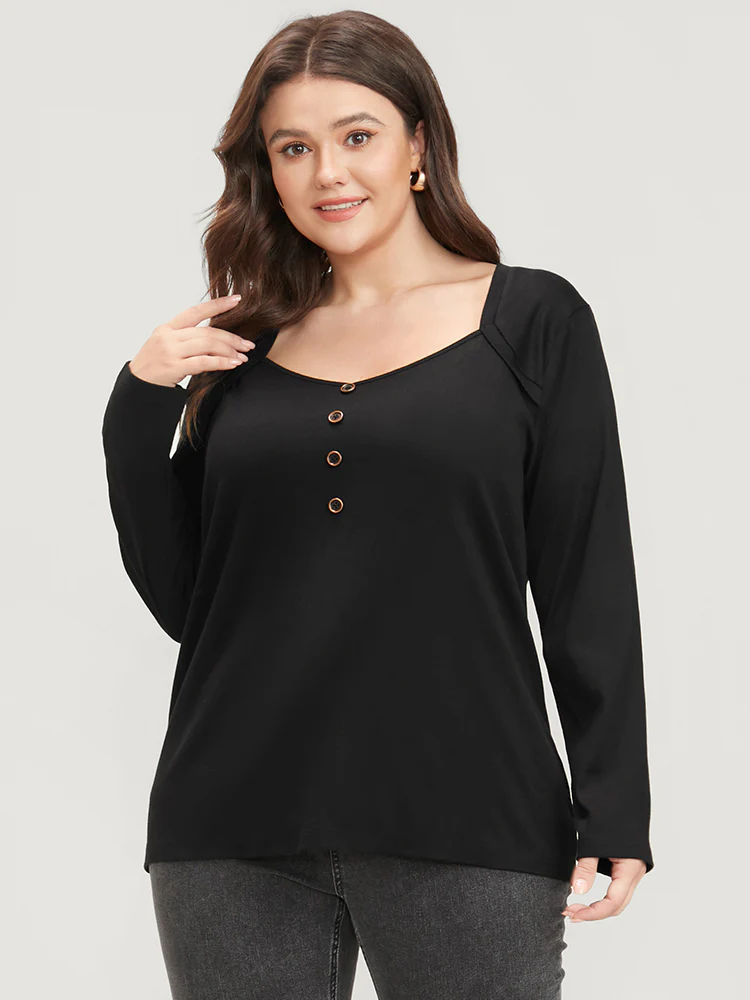 Solid Button Detail V Neck Long Tee - Image 4