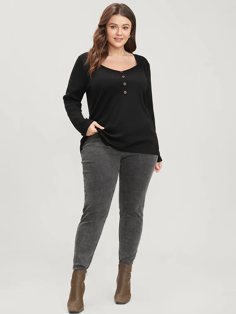 Solid Button Detail V Neck Long Tee - Image 5