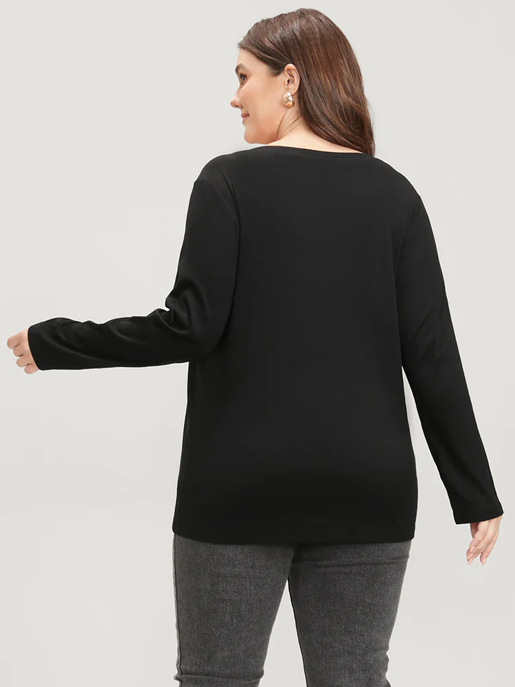 Solid Button Detail V Neck Long Tee - Image 6