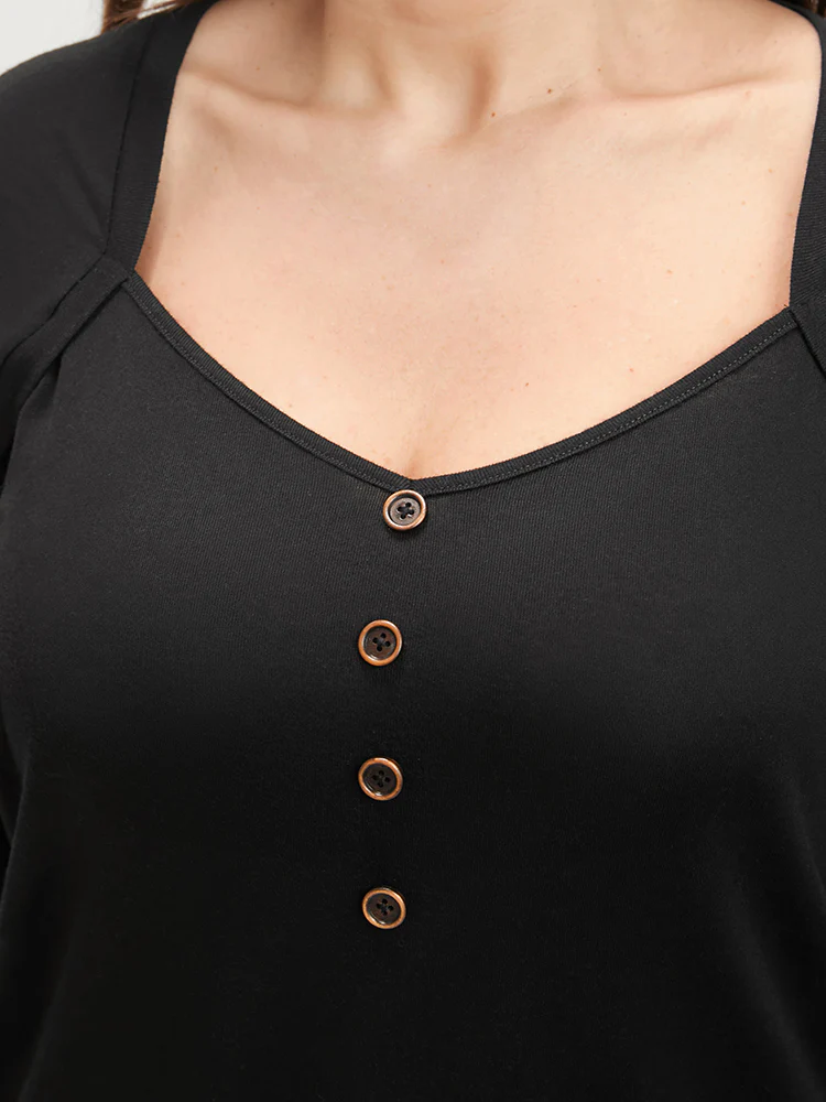 Solid Button Detail V Neck Long Tee - Image 7