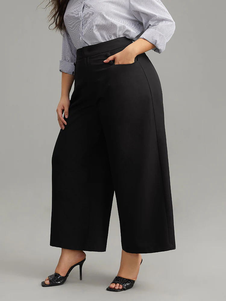 Solid Button Detail Wide Leg Pants - Image 3