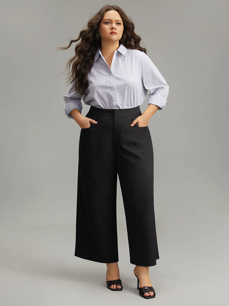 Solid Button Detail Wide Leg Pants - Image 4
