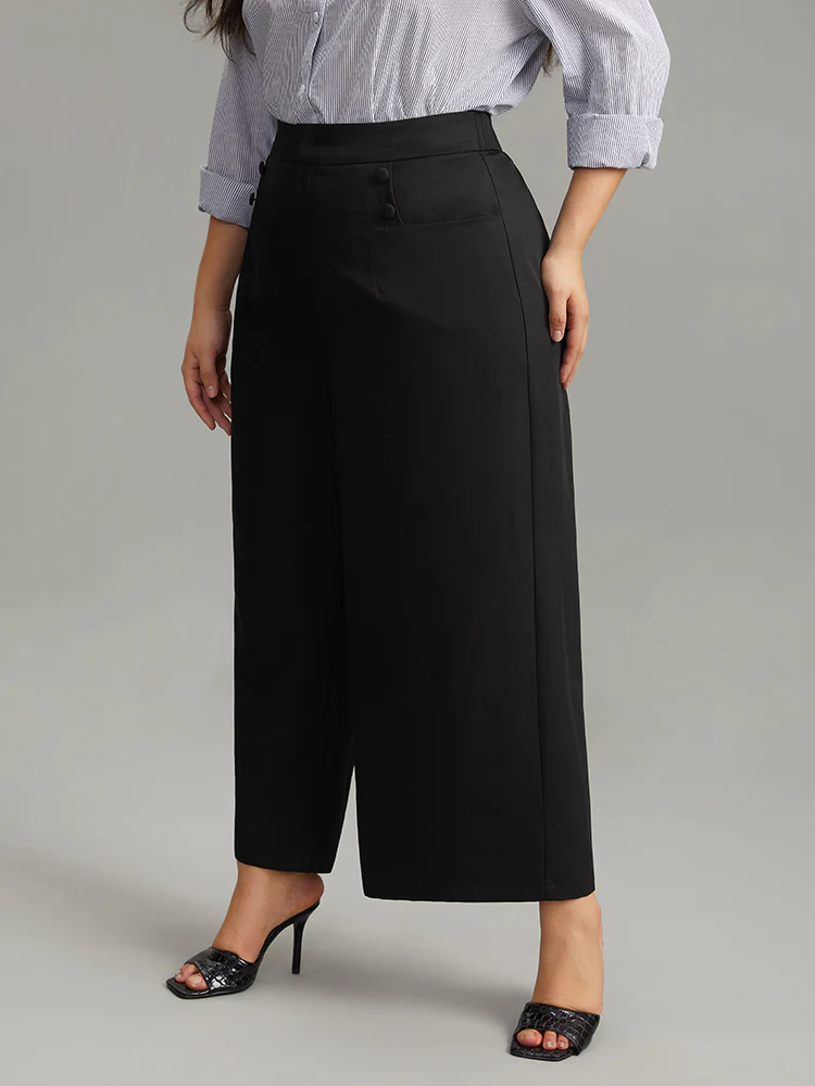 Solid Button Detail Wide Leg Pants - Image 5