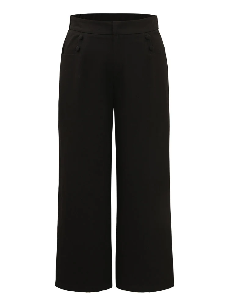 Solid Button Detail Wide Leg Pants - Image 8