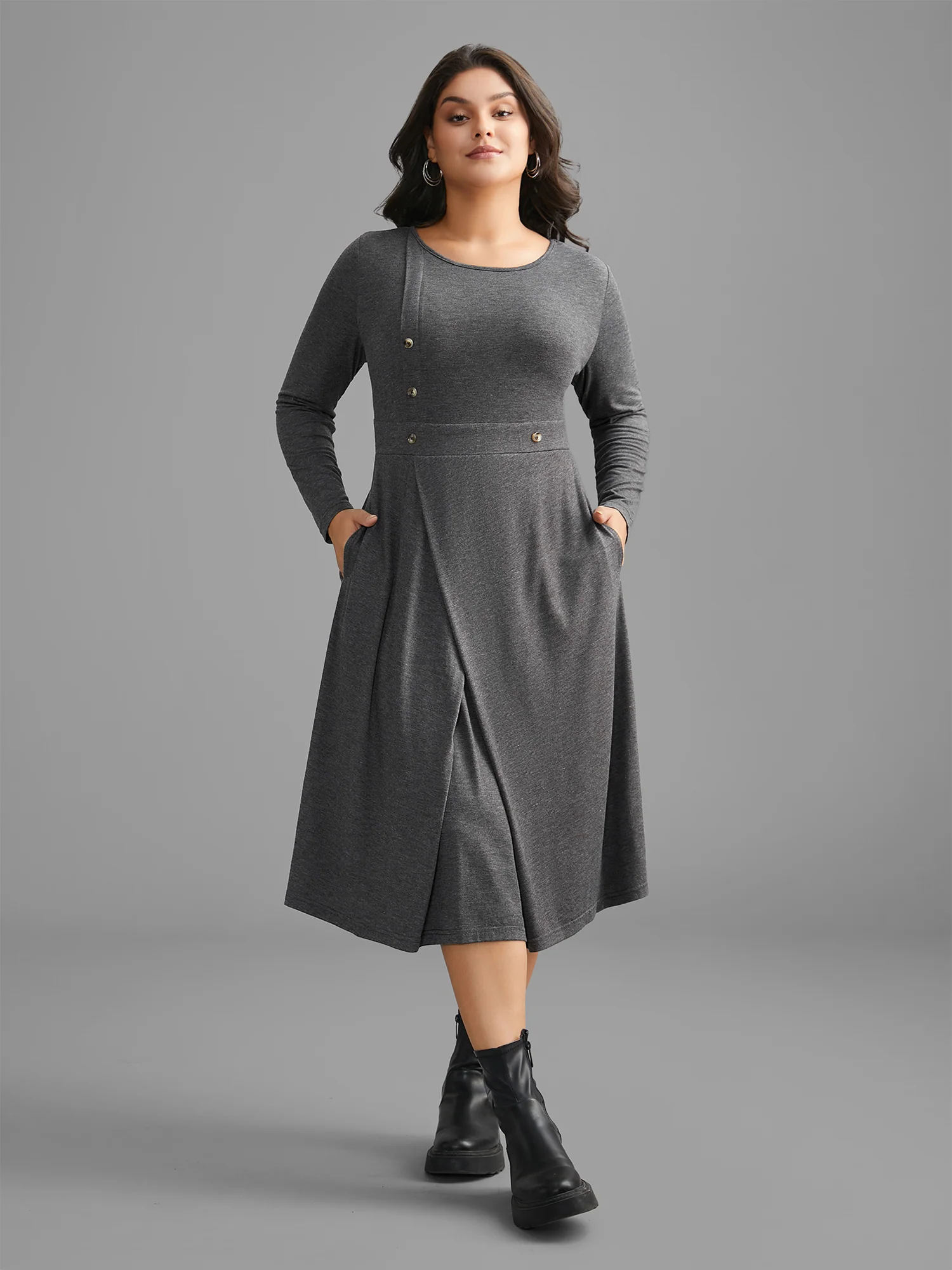 Solid Button Detail Wrap Hem Knit Dress - Image 2