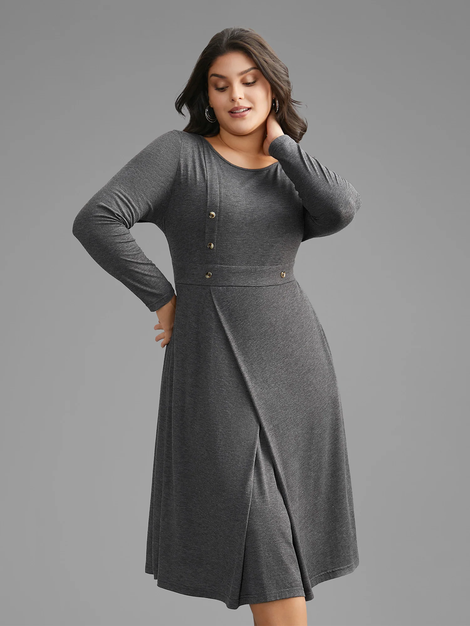 Solid Button Detail Wrap Hem Knit Dress - Image 3