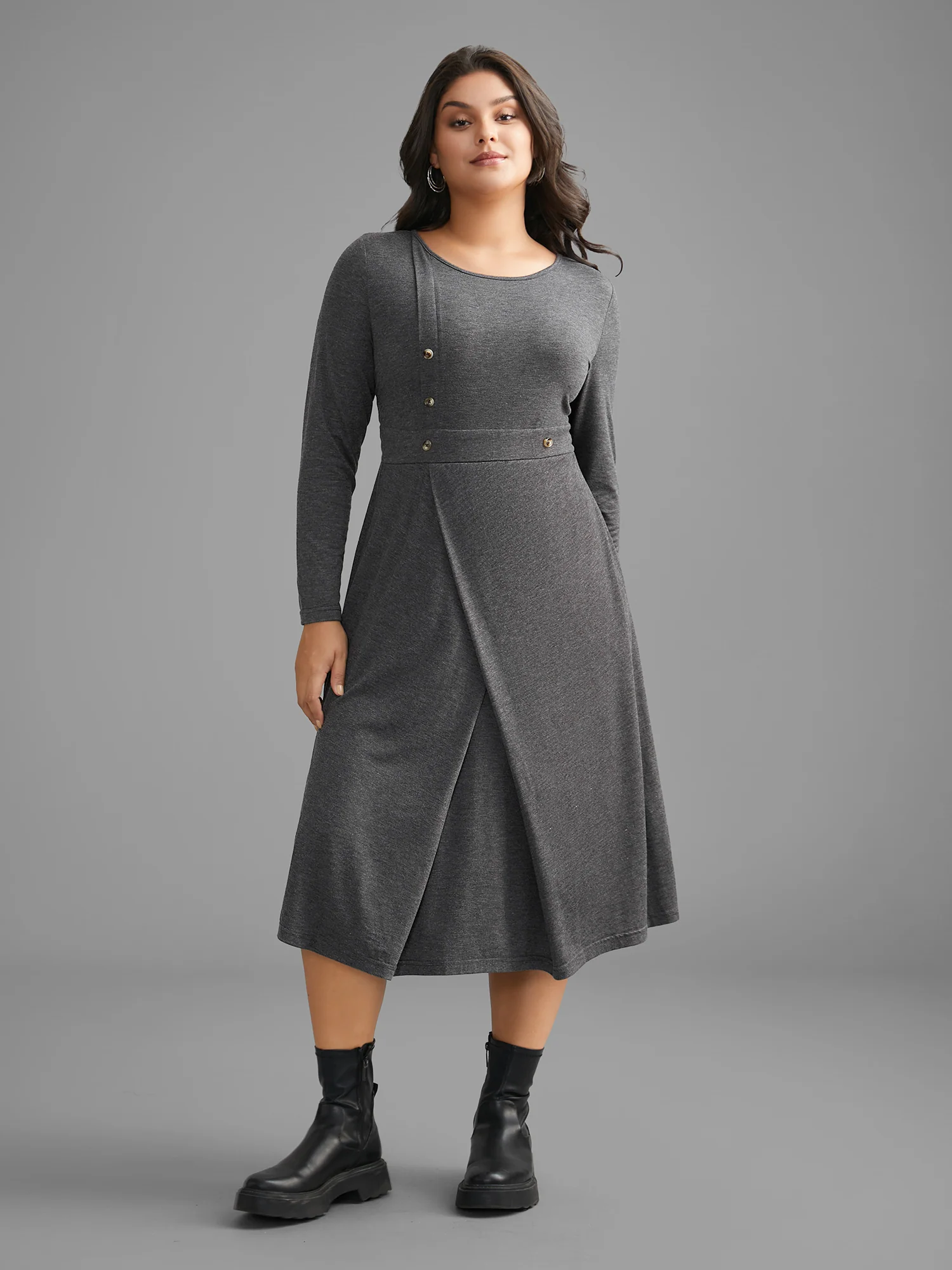 Solid Button Detail Wrap Hem Knit Dress - Image 4