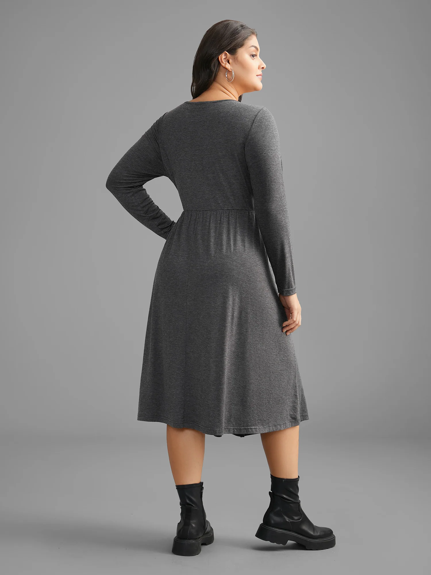 Solid Button Detail Wrap Hem Knit Dress - Image 6