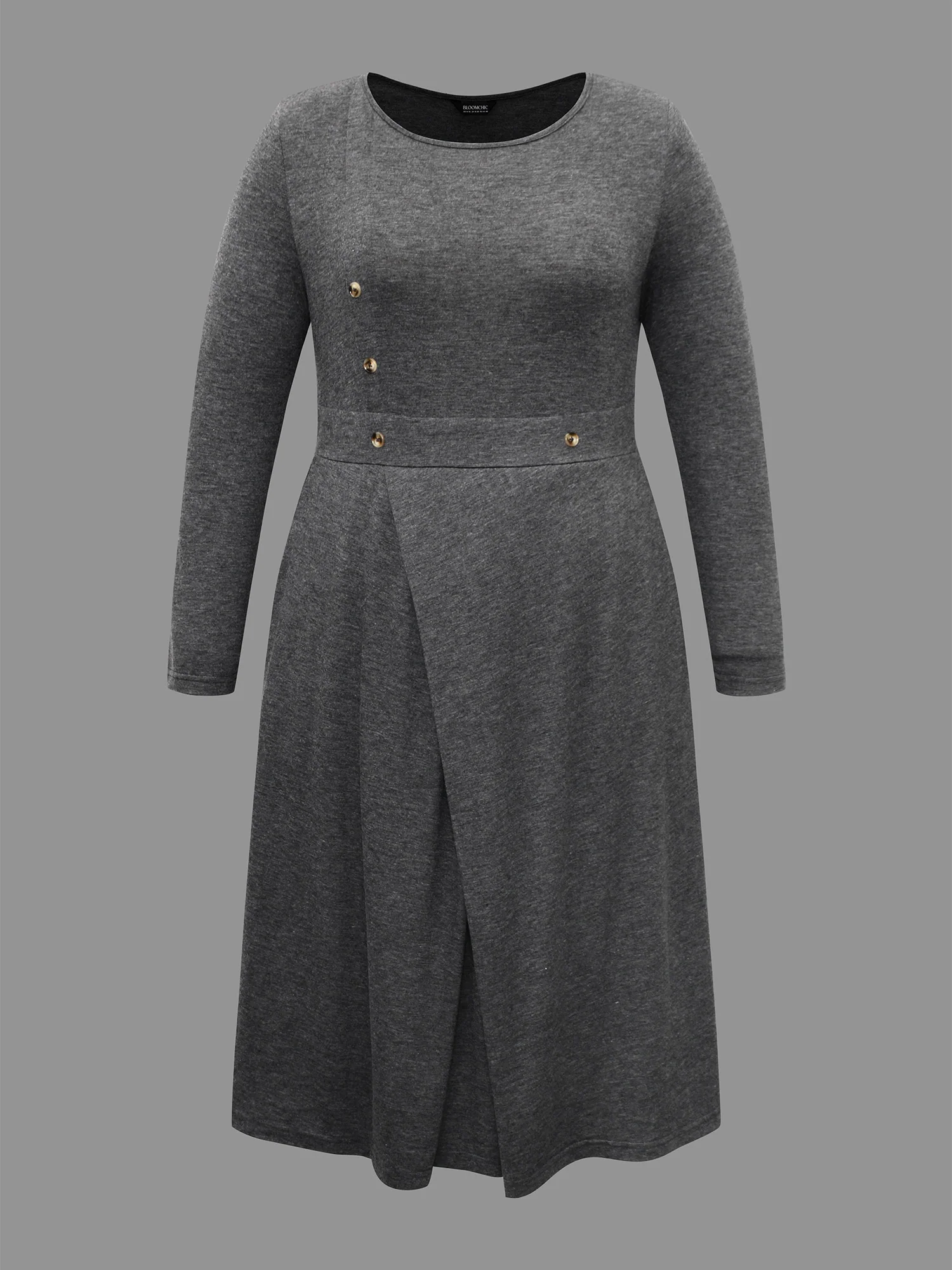 Solid Button Detail Wrap Hem Knit Dress - Image 9