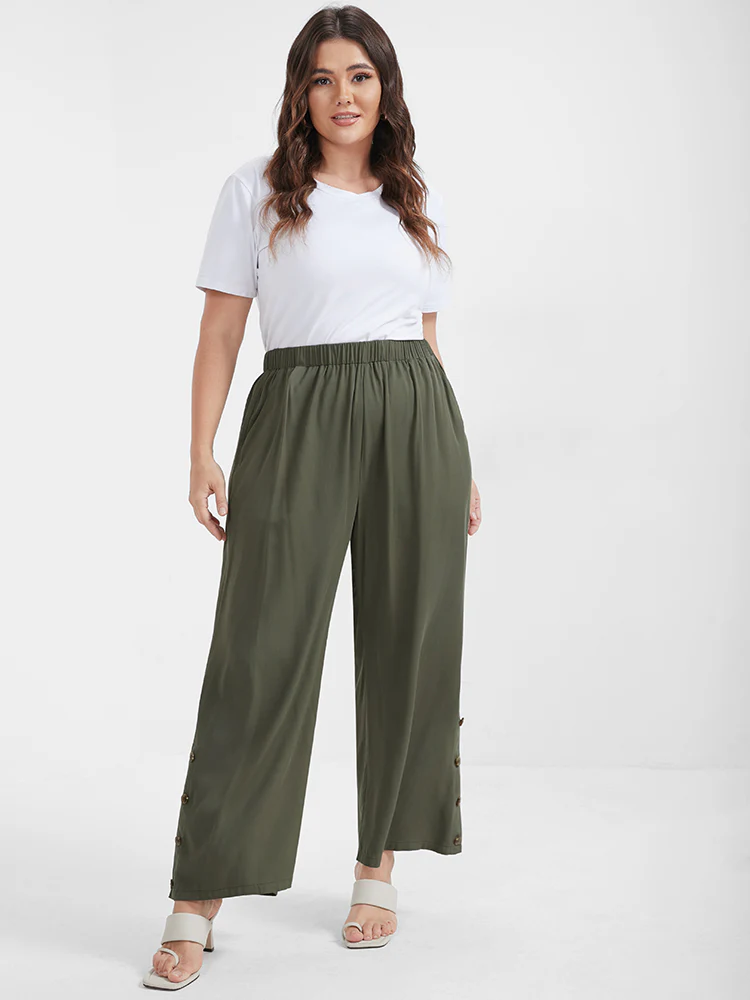Solid Button Elastic Waist Pocket Loose Pants - Image 2