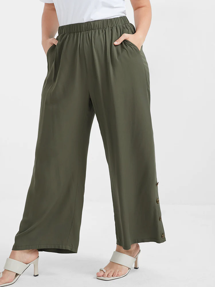 Solid Button Elastic Waist Pocket Loose Pants - Image 3