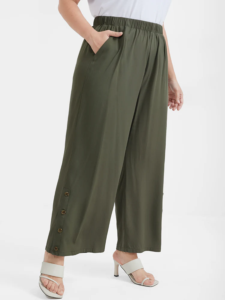 Solid Button Elastic Waist Pocket Loose Pants - Image 4
