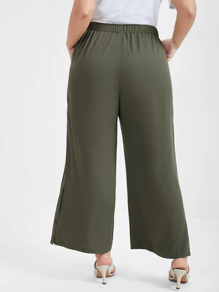 Solid Button Elastic Waist Pocket Loose Pants - Image 6