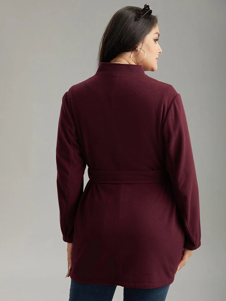 Solid Button Fly Stand Collar Belted Pocket Coat - Image 2