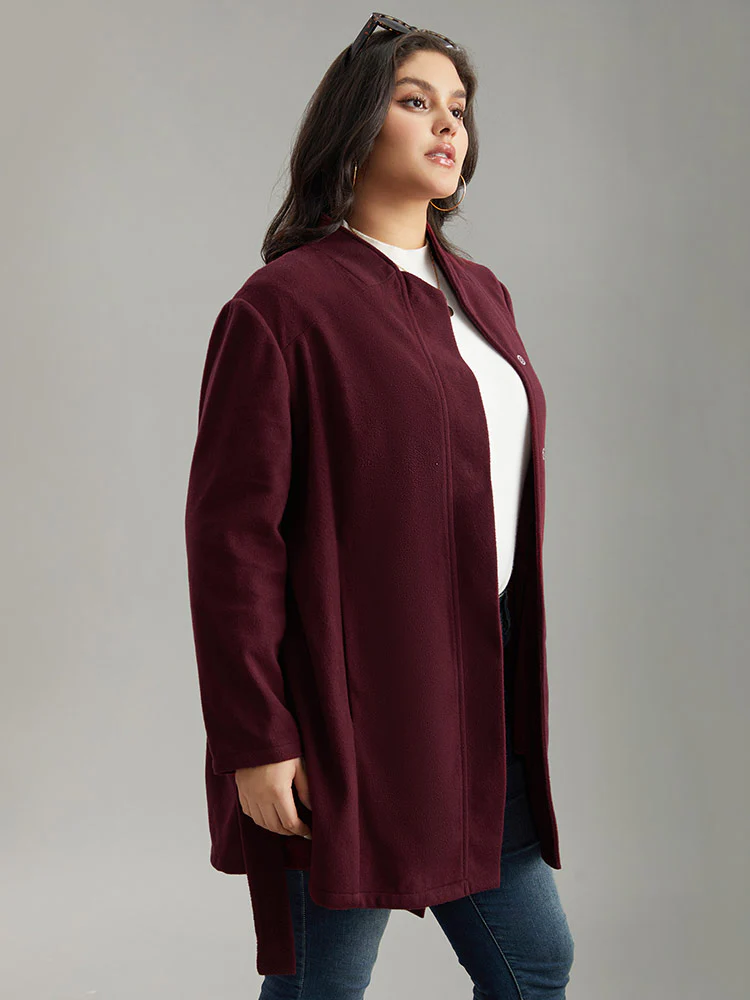 Solid Button Fly Stand Collar Belted Pocket Coat - Image 3